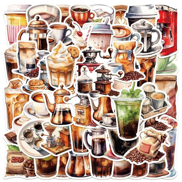 10-50Pcs Coffee Lovers Sticker Coffee Maker Thermos Cup Afternoon Tea Graffiti Stickers for DIY Luggage Laptop Skateboard Motorcycle Bicycle Stickers