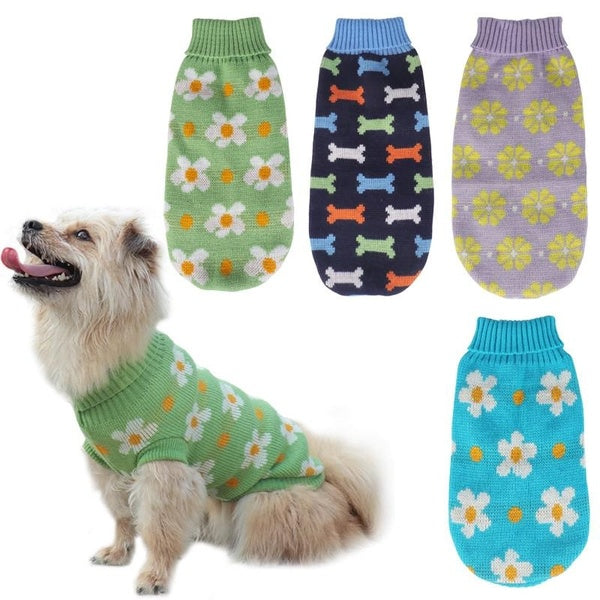 Fashion floral print Warm Pet Knitting Sweater, Winter Dog Clothes,Pet Jumper Knitwear Clothes Puppy Cat High Collar Sweater Coats,Sweaters for Sma