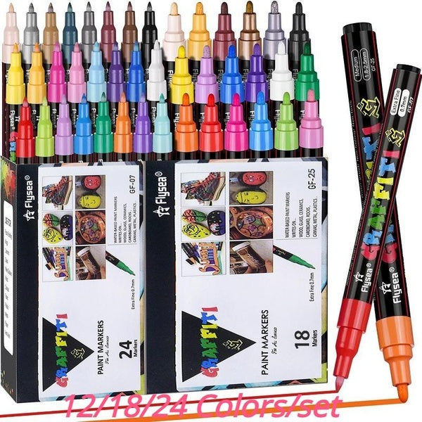 12-18-24 colors Premium Paint Pen Acrylic Paint Marker (0.7mm & 2.0mm) Fine Point Middle Tip Acrylic Art Marker for Metal, Wood, Fabric, Plastic, Rock,