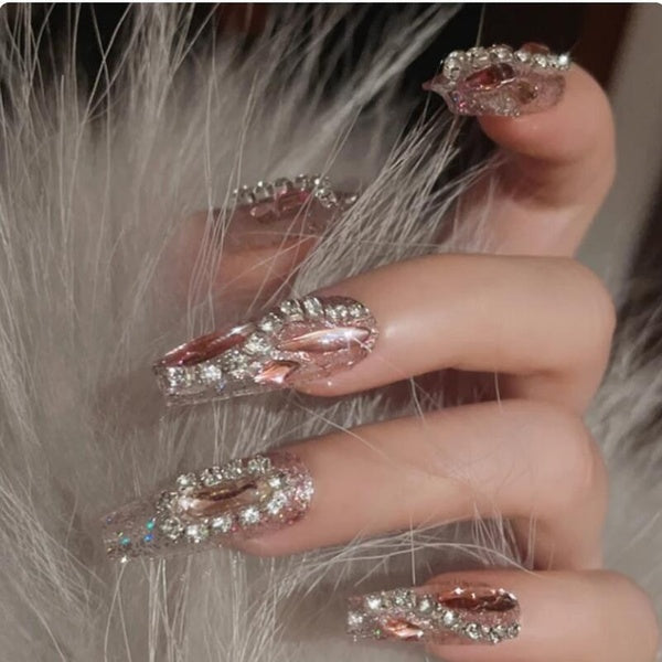 24 Pcs Glossy Medium Ballerina Press On Nails Pink Glitter Fake Nails With Rhinestone Shiny Artificial Reusable False Nails