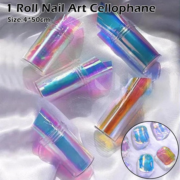1 Roll Aurora Ice Cube Cellophane Nail Art Diy With Colorful Transfer Paper Laser Candy Paper Nail Accessories
