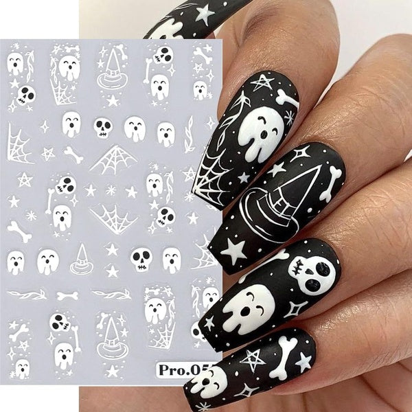 5D Halloween Nail Art Sticker Embossed Pumpkin Rose Ghost Skull Nail Decals Spider Web Designs Adhesive Sliders Foils Manicure