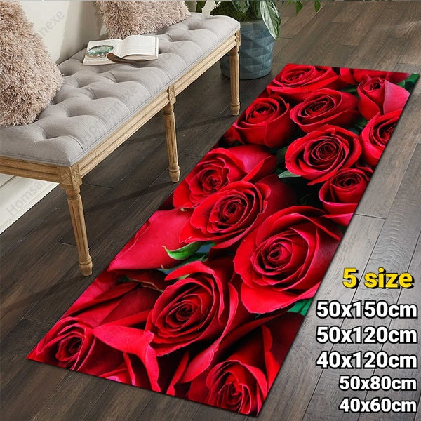 3D Red Rose Printing Romantic Carpet Living Room Bedroom Carpet Kitchen Bathroom Staircase Entrance Non-slip Absorbent Carpet Household Supplies(40X6