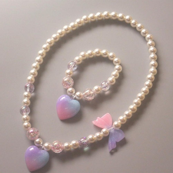 Kids Pearl Necklace Bracelet Set Child Glitter Heart Star Pendant Necklace Girls Princess Beaded Toys for Party Birthday Children's Jewelry Gift