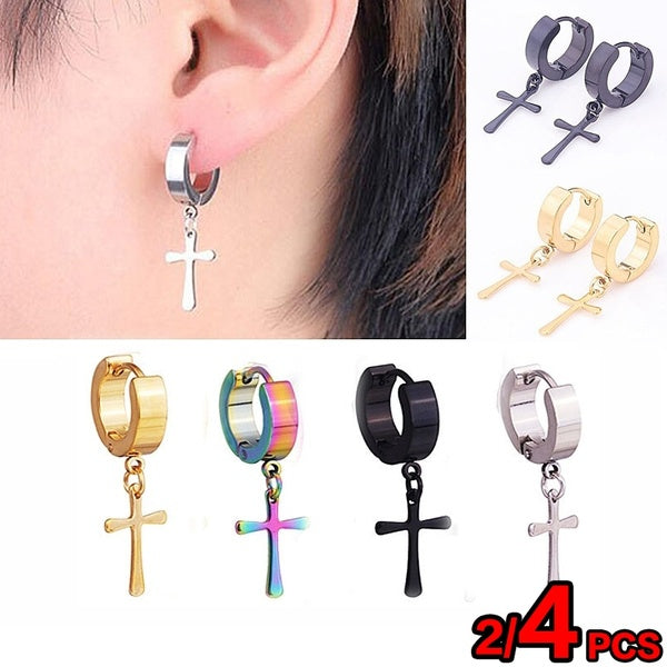 2-4Pcs Creative Glossy Cross Pendants Earring Personality Punk Stainless Steel Hoop Earrings with Cross Men Women