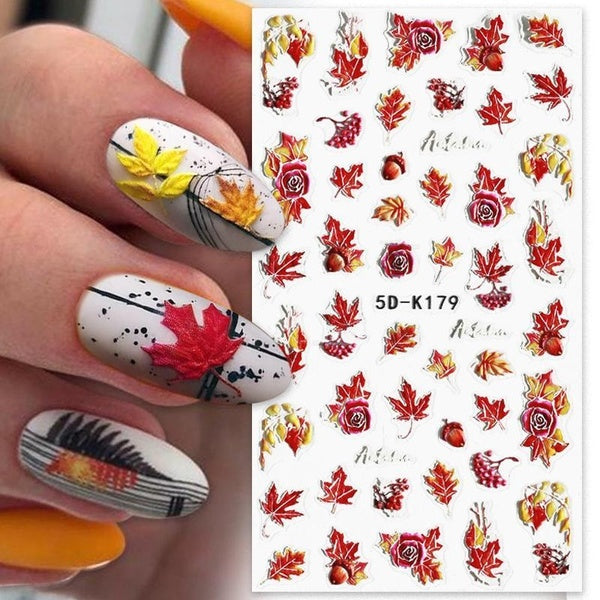 5D Embossed Fall Leaves Nail Stickers Butterflies Shape Self-adhesive Decals Maple Rose Mushroom Engraved Slider Autumn Decor