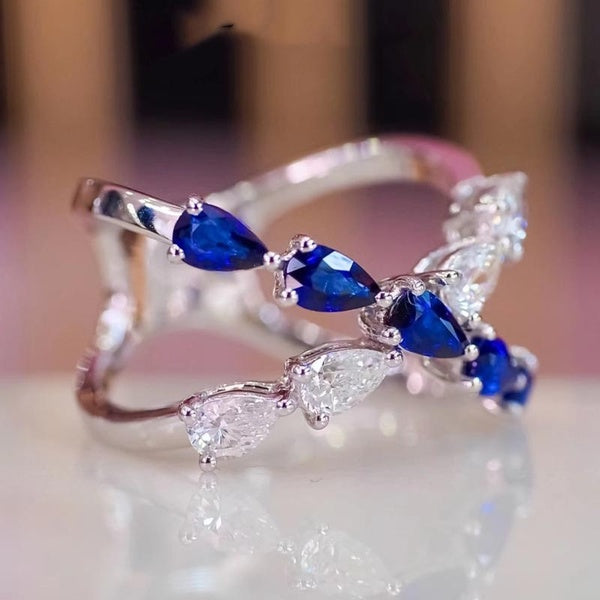 Fashion Cross Intertwined Rings 925 Sterling Silver Diamond Blue Sapphire Rings for Women Daily Casual Accessories