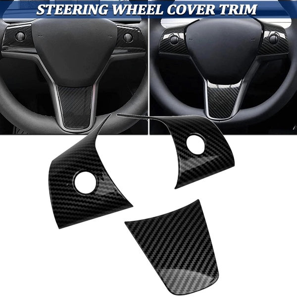 1 Set (3pcs) For Tesla Model 3 2017-2022 & Model Y 2020-2022 Carbon Fiber Style ABS Interior Steering Wheel Cover Overlay Decoration