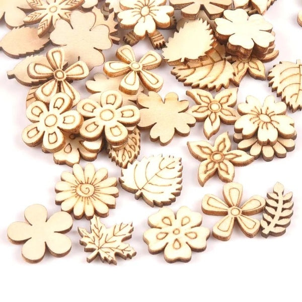 50 pièces mélange plante-fleur-herbe forme en bois naturel pour bricolage à la main artisanat bois ornement Scrapbooking décoration de la maison 20mm
