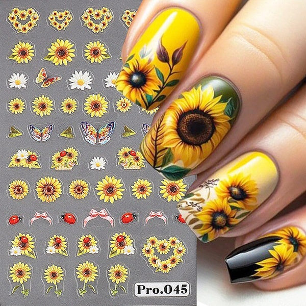Jaune Tournesols Nail Art Autocollants Floral Papillon Abeille Coccinelle Autocollants Ongles Autocollants Manucure Décorations Wraps NTPRO
