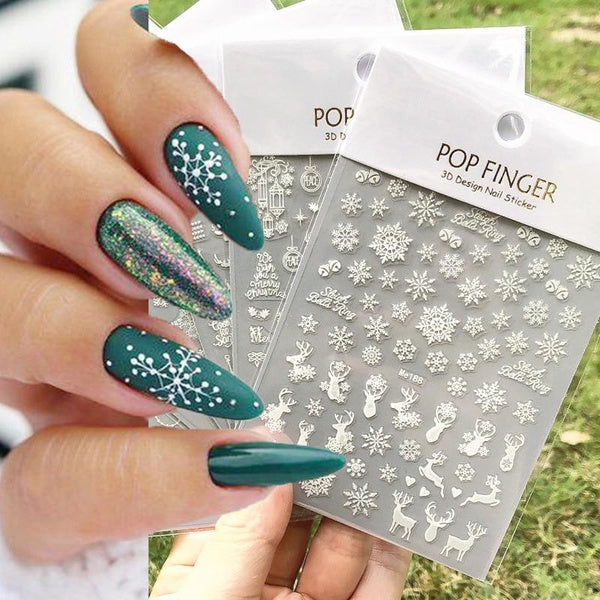Nail Art Decal Winter White Christmas Trees Snowflakes Back Glue Nail Stickers Decoration For Nail Tips Beauty