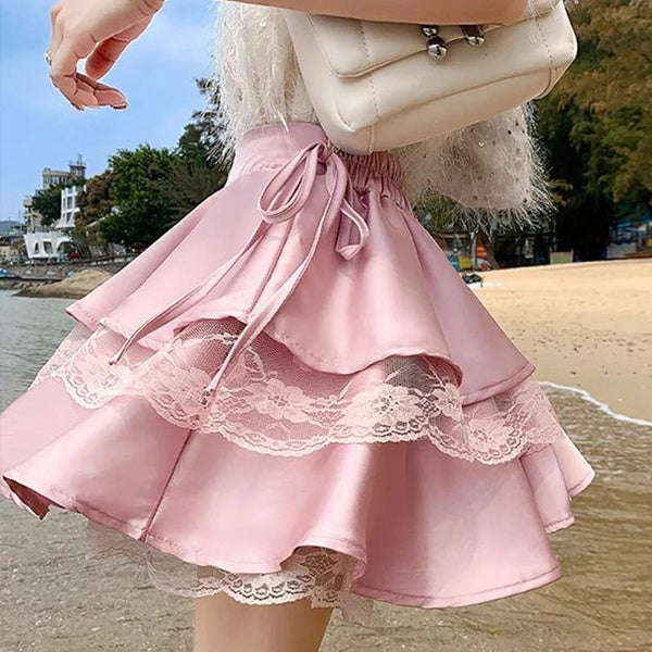 Black Patchwork Lace Short Women Cake Skirt With Lace Up High Waist Preppy Style Cute Ball Gown Kawaii Skirts Girls