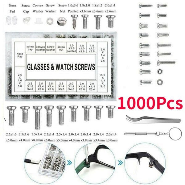 1000Pcs-Set Stainless Steel Eyeglass Sunglass Screws Repair Kit Small Tiny Screws Nut Washer Assortment For Spectacles Watch With Screwdriver tweezer