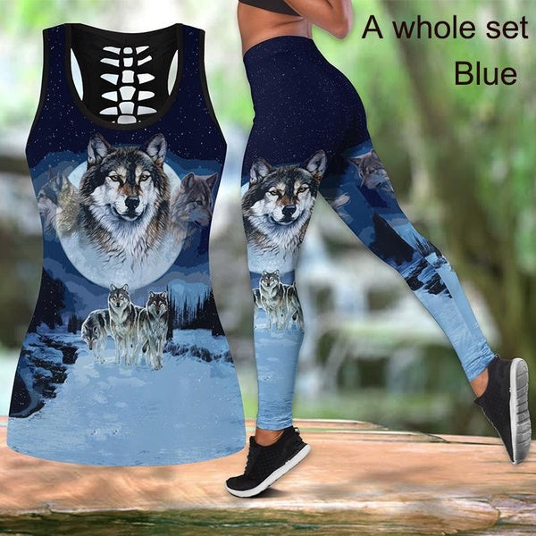 Mode femme loup Legging creux réservoir Combo imprimé Sport Fitness Leggings Yoga pantalon 3 couleurs