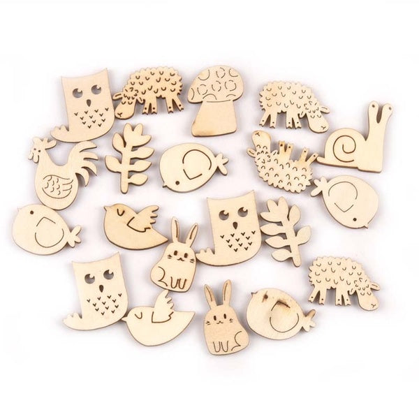 40pcs Mix Owl Animal Pattern Wood Crafts For Kid DIY Handmade Scrapbook Natural Wooden Home Decoration Ornament 25-35mm MT2155