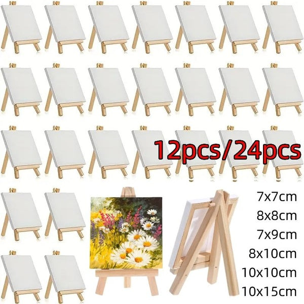 12pcs-24pcs Mini Canvas and Easel Set - Stretched Canvases with Wooden Easels - Blank White Small Canvas Boards for Painting Acrylic, Oil, Watercolor
