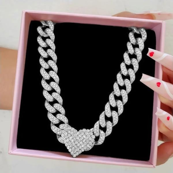 Iced Out Miami Curb Cuban Chain Necklace Fom Women Gold Color Bling Paved Rhinestones Cuban Link Choker Necklace Punk Jewelry