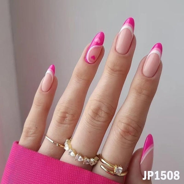 French Peach Heart Fake Nails Six Pointed Star Love Heart Press On Nails Flame Wave Broken Diamond Full Cover Nails for Valentine's Day Nails