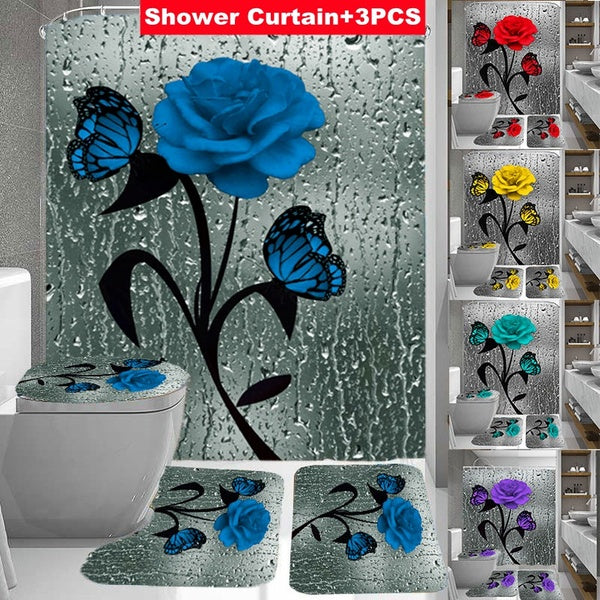 (3-1 Pcs) Fashion Home Accessories 3D Butterfly Rose Waterproof Bathroom Shower Curtain Carpet Set Anti-slip Bathroom Carpet Toilet Cover Cover Floor