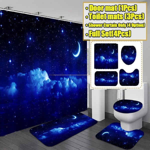 1-3-4 PCS 3D Printing Starry Sky and Moon Pattern Bathroom Decoration Waterproof Bathroom Shower Curtain Mats Rugs Set Non-Slip Bathroom Carpets Toil