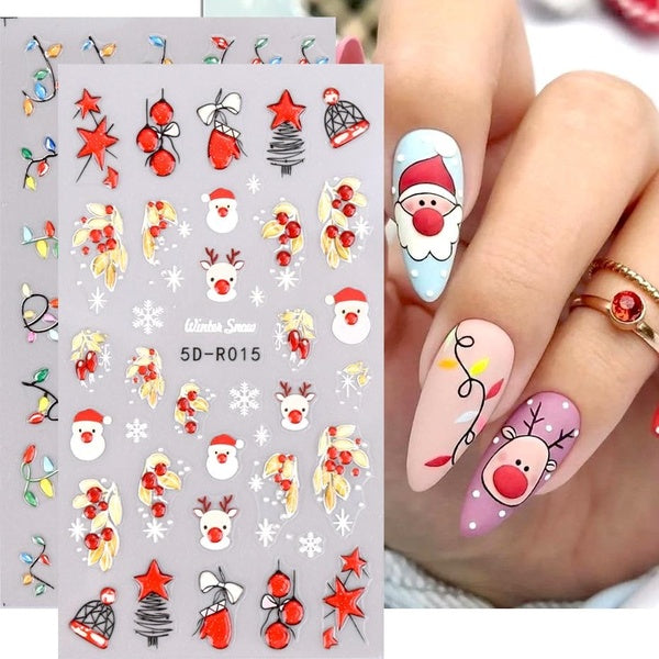Christmas Sticker Nail Stickers Decal Winter Snowflake Tangerines Cartoon Deer Elk Santa 2023 New Year Nail Design Decoration