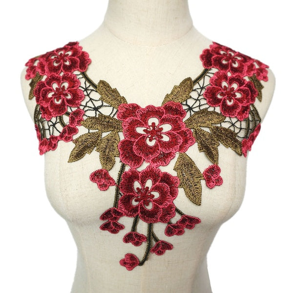 Large Embroidery Flower Lace Applique Sewing Collar Patch Wedding Party Dress Bridal DIY Cheongsam Fabric Crafts