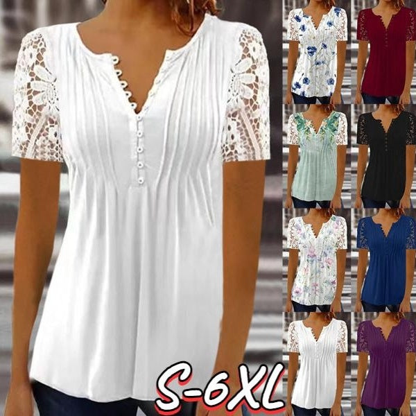 Womens Fashion Summer Clothing Casual Short Sleeved Tops for Woman V-neck Lace T-shirt Solid Color Blouses Ladies Loose Plus Size Shirts