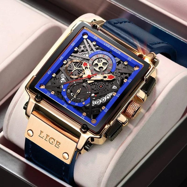 LIGE Marque Montre pour Hommes Carré Sport Quartz Cuir Montre-Bracelet Creux Personnalisé Étanche Hommes Montres Chronographe Montre Hommes Horloge R