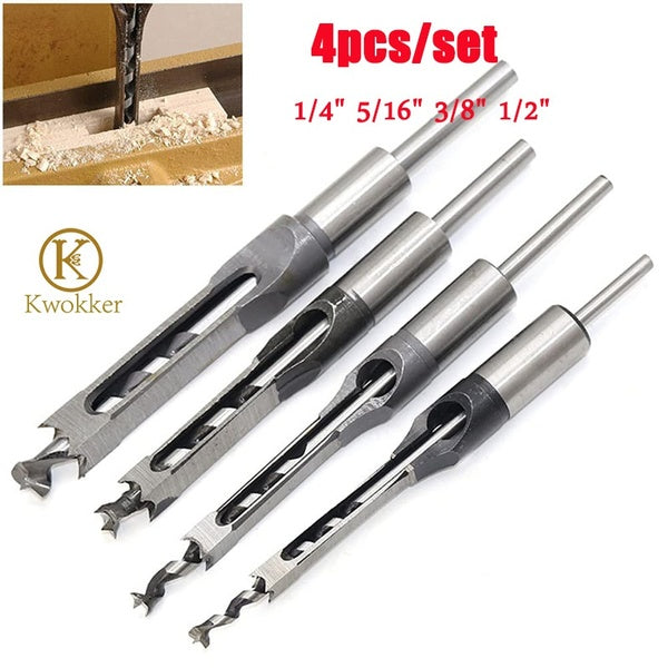 4Pcs HSS Mortising Chisel Set, Woodworking Square Drill Bits Wood Hole Saw with Twist Drill Tool 1-4" 5-16" 3-8" 1-2"