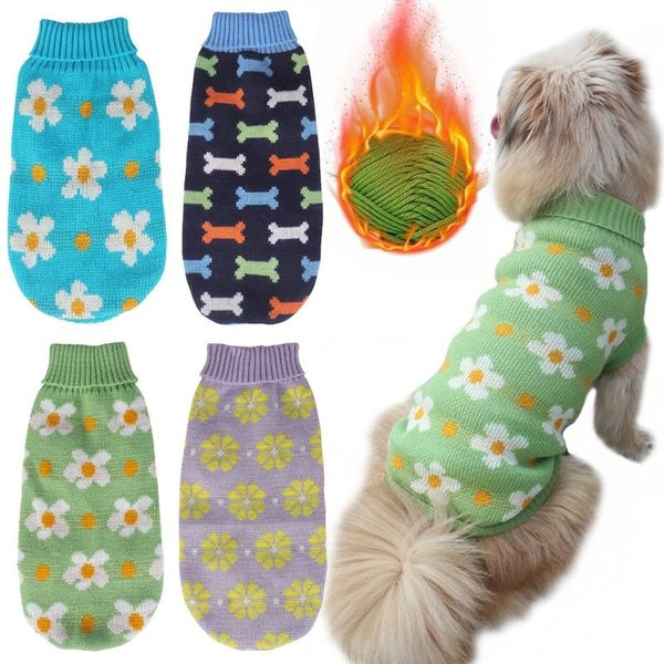 Winter Warm Pet Knitting Sweater, Cute Floral Print Dog Clothes,Puppy Cat High Collar Sweater Coats For Dogs-Medium Dogs, Pet Warm Soft Pajamas