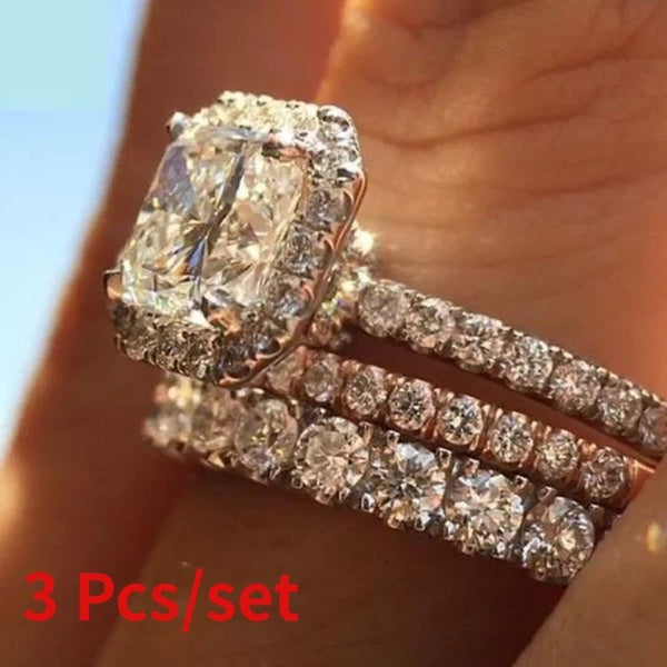Anneaux de mariage de mariée empilables exquis 3pcs - set 925 Sterling Silver Princess Cut Diamond Rings pour les femmes Engagement Rins Set Bijoux