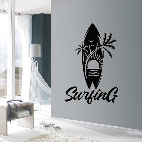 Water Sports Surfer Wall Decals Surfing Board Palm Beach Sun Creative Pattern Vinyl Bedroom Decoration Wall Stickers for Teen Room