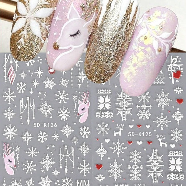5D Winter Snowflake Elk Embossed Nail Stickers Christmas Decals Deer Red Heart Lines Classical Winter Diamond Pattern Sweater Self Adhesive Manicure