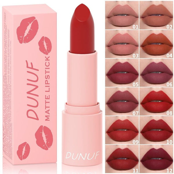 DUNUF 12 Colors Matte Lipstick Long Lasting Velvet Lip Stick 24 Hours Waterproof Pigmented Makeup Cosmetic