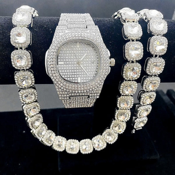 3pcs-Set(Necklace+Bracelet+Watch) Hip Hop Diamonds Watch 12mm Width Thick Chain Necklace Bracelet Square Chain Iced Out Bling Choker Necklaces for Me