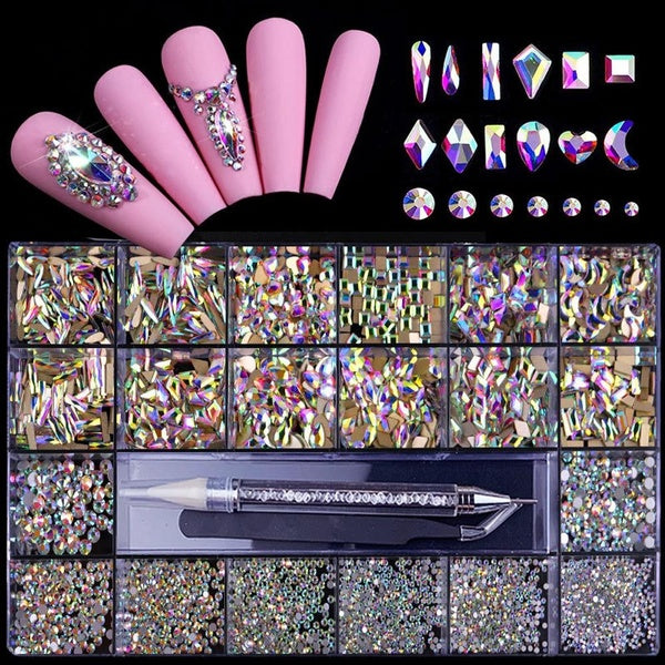 21 Grids 6000pcs Multi-colors Nail Rhinestones Set with Crystal Strass Pen and Clamps Nail Art Decorations Accessories Supplies