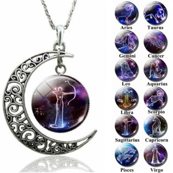 Vintage Jewelry Silver Color With Zodiac Glass Cabochon Choker Crescent 12 Constellations Moon Pendant Long Necklace For Women Christmas Gift