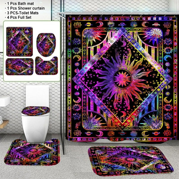 1-3-4 PCS 3D Pink Bohemia Style Bathroom Waterproof Shower Curtain Set Waterproof Mildew-proof Shower Curtain + Non-slip Bath Mat + Toilet Seat Cover