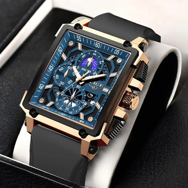 Nouveau LIGE Hommes Montres Top Marque De Luxe Creux Carré Sport Montre Pour Hommes Mode Bracelet En Silicone Étanche Quartz Montre-Bracelet + Boîte