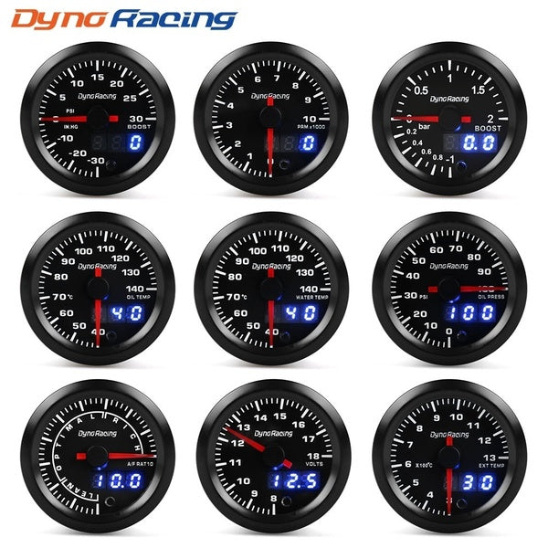 Dynoracing 2" 52mm 7 Colors LED Dual Display Boost Water Oil temp Oil pressure Voltmeter Air fuel Ratio EGT Tachometer Car Gauge