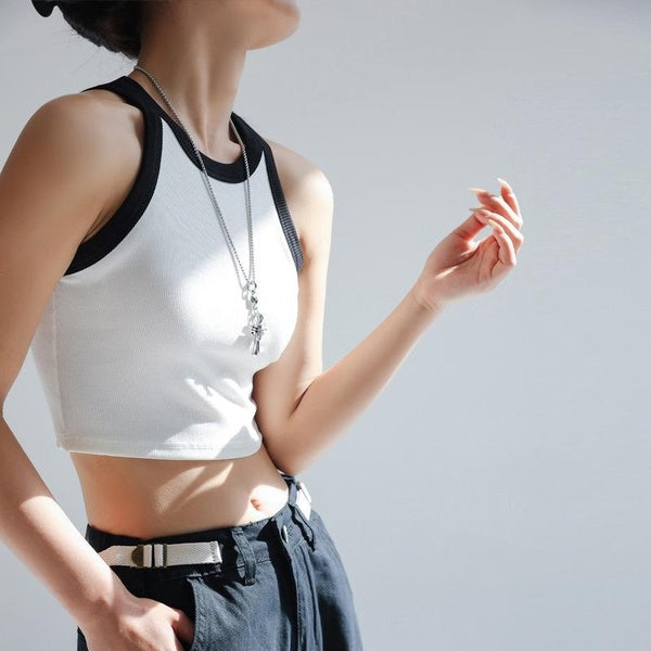 Womens Summer Sleeveless Tank Tops Ribbed High Neck Racerback Slim Fitted Color Block Casual Shirts Crop Top