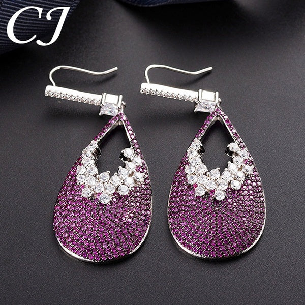 CANDICE Romantic Micro Rose Red CZ Paved Hollow Big Water Drop Pendant Hook Earrings Women Luxury Banquet Prom Jewellery