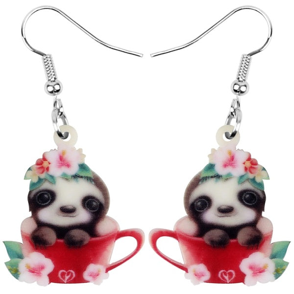 Acrylic Anime Sweet Flower Cup South American Sloth Earrings Drop Dangle Unique Animal Jewelry For Women Girls Teens Charms Gift Party