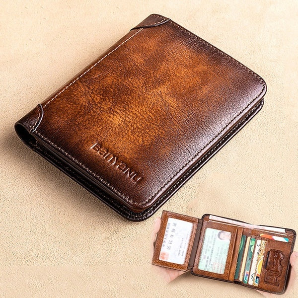 New Genuine Leather Rfid Wallets for Men Vintage Thin Short Multi Function ID Credit Card Holder Money Bag