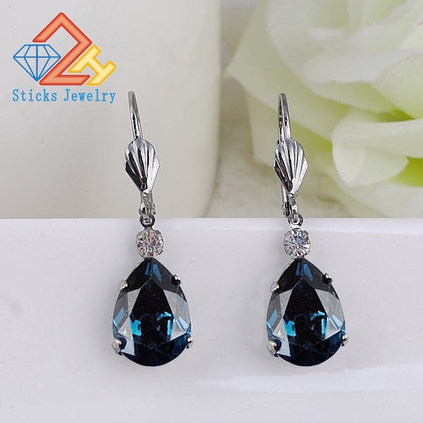 Boucles d'oreilles en forme de larme en cristal à la mode Boucles d'oreilles pendantes femme bleu encre