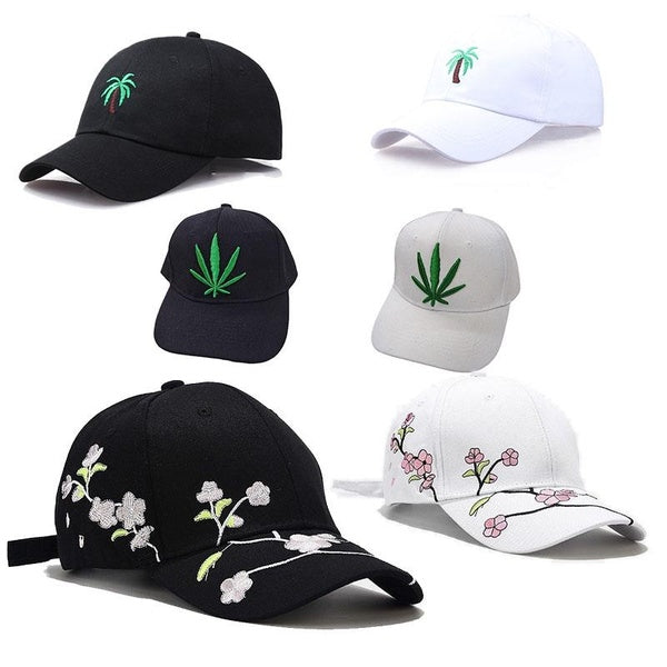 Women Men Black-White Plants Flower Palm Leaf Embroidery Fashion Outdoor Baseball Caps Cotton Hats Outdoor Activities Shading Hats