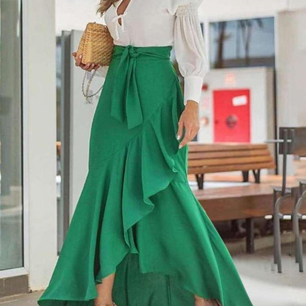 Summer Women Fishtail Skirts Fashion Party Maxi Skirt Celmia Summer High Waist Belted Casual Loose Asymmetrical Ruffles Skirts