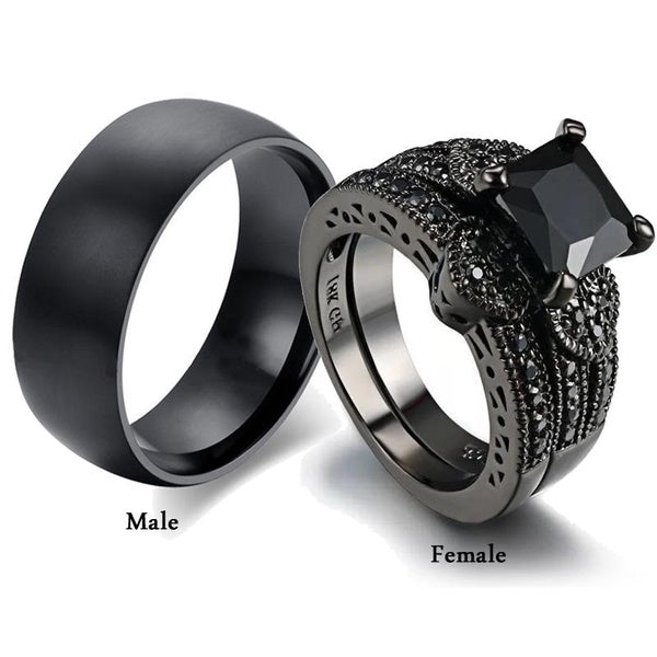 Bagues de couple de charme Ensemble de bagues romantiques en strass noirs pour femmes Bagues de fiançailles Bijoux d'alliance Bagues en diamant
