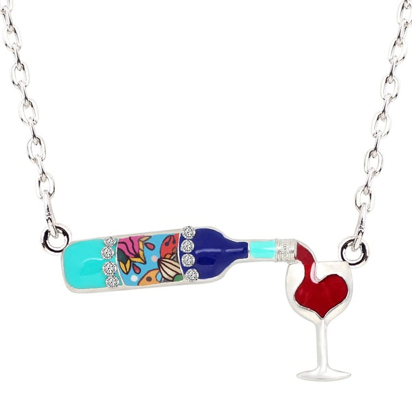Enamel Alloy Rhinestone Red Wine Goblet Bottle Glass Necklace Chain Choker Pendant Collar Jewelry for Women Teens Birthday Gift Charm