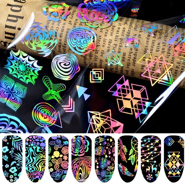 8 Sheets-set Laser Nail Art Transfer Foil Stickers Colorful Flower Adhesive Decals Wrap Slider Tape for Fingernails Decoration